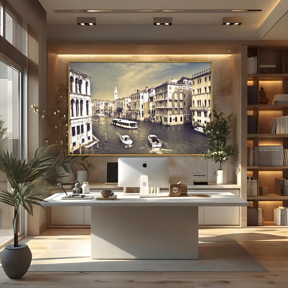 Tablou canvas cu panoramica cu canale si barci in venetia, in rama de aluminiu auriu, pe perete intr-un birou
